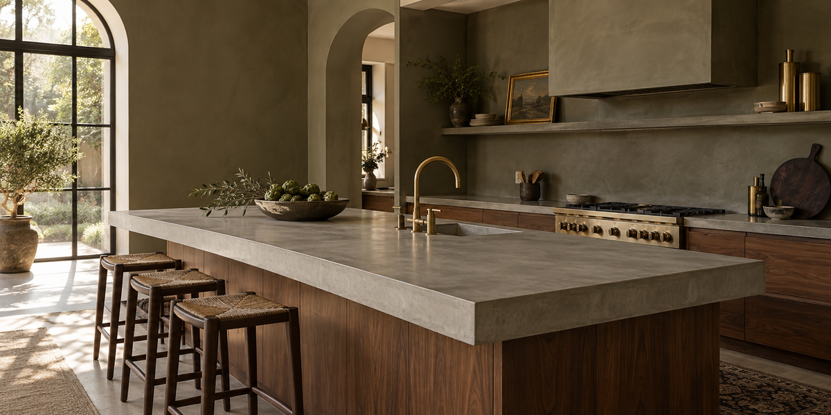 Custom architectural concrete countertop in a warm contemporary kitchen