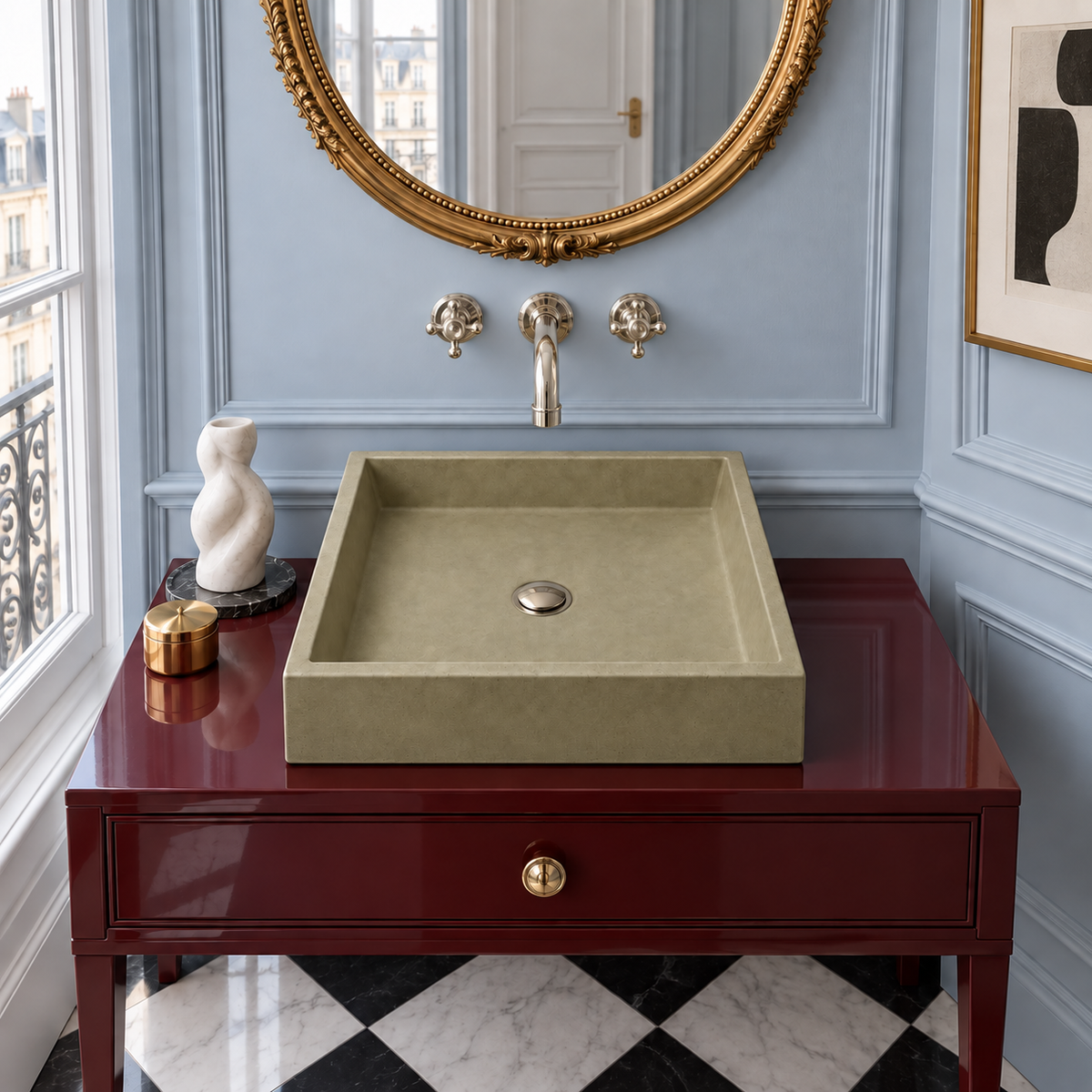 Cuadra Musgo concrete vessel sink in a European bathroom with polished nickel drain hardware