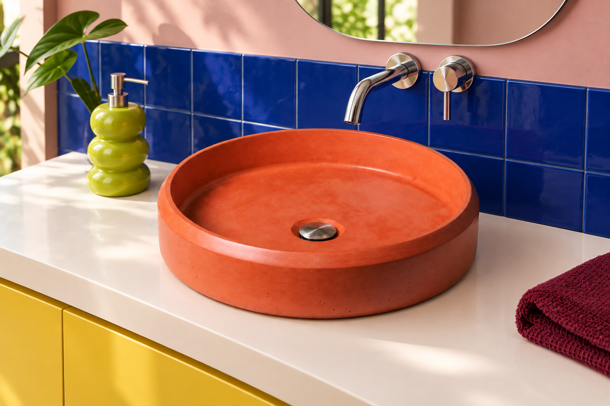 Papaya Lenca concrete sink in a colorful bathroom with cobalt tile and yellow vanity — design visualization