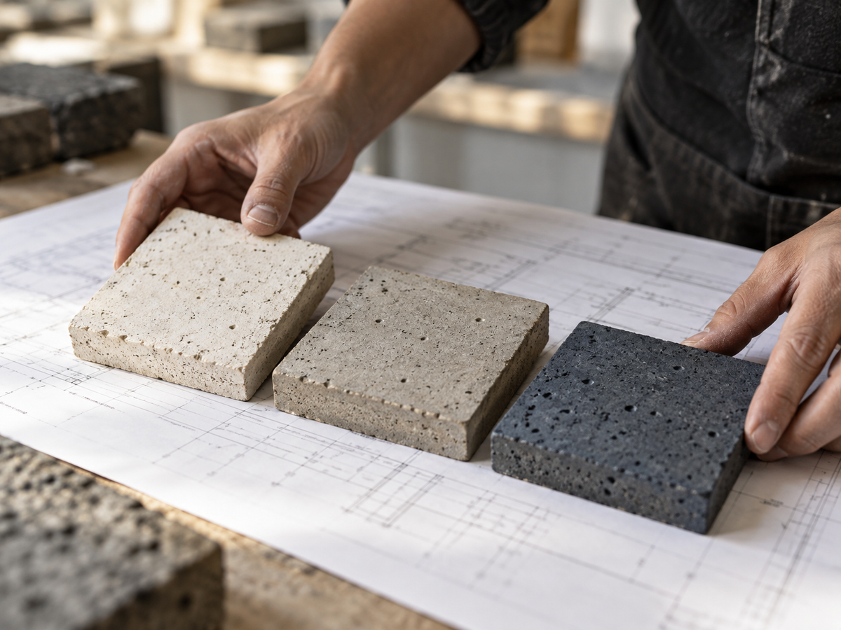 Concrete material and finish samples considered alongside architectural plans